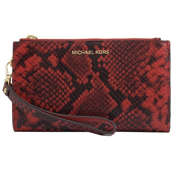 Michael Kors Jet Set Double Zip Wristlet Leather Phone Wallet Crimson - Picture 2 of 7